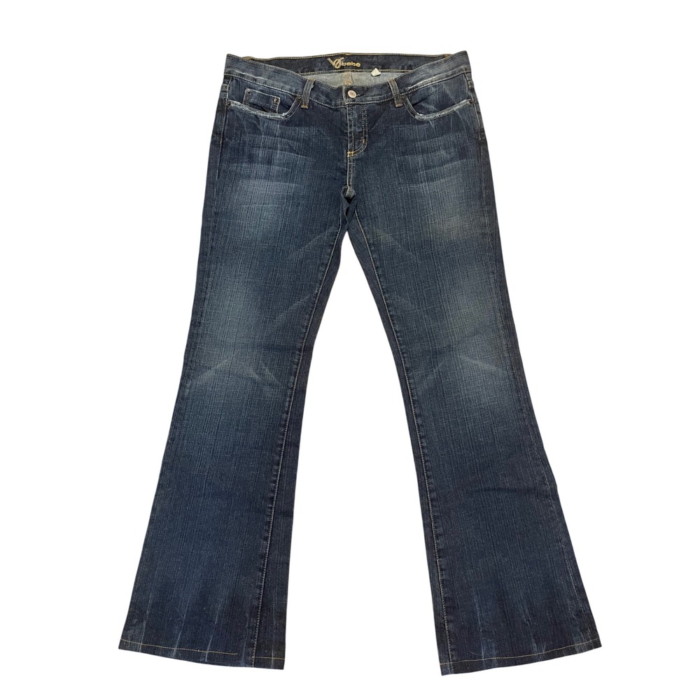 Y2K Bebe Carmen Jeans Dark Wash Low Rise Flare Jeans Rhinestone Logo Size 31